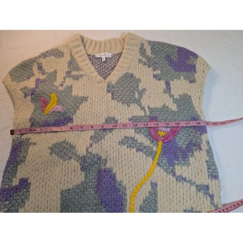Calirta women's sz small floral v neck sweater vest white purple green pink SW6 - Picture 5 of 6